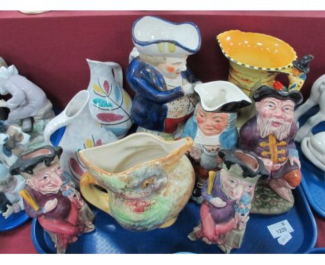 Burleigh Art Deco Jug Vase, featuring the Pied Piper, Allerton's and two other Toby jugs, Shorter bird jug, etc:- One TrayLar