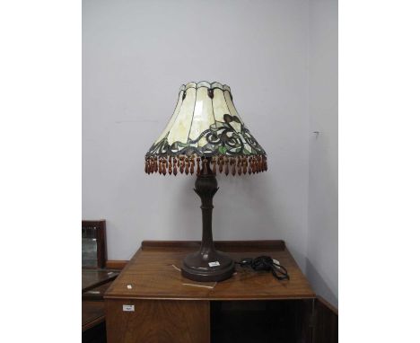 Tiffany Style Two Branch Table Lamp, with opaline shade (untested - sold for parts only).All droplets appear to be present, n