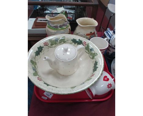 Crown Devon 'On Ilkla Moor Bah't 'at' Musical Jug, another playing 'Auld Langsyne', Poole cat and berry patterned bowl, vinta