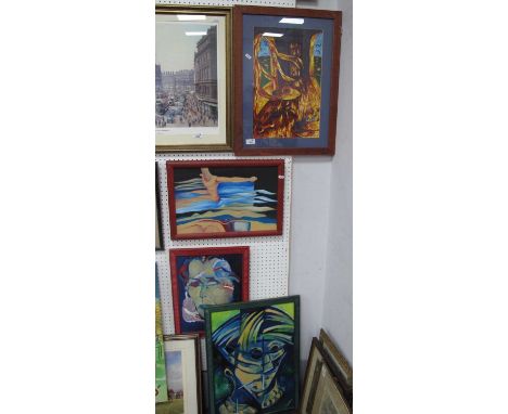 L. Schultz, Riding the Waves, oil on board, signed and dated '91, 29 x 43.5cm; two portrait studies and a print. (4)