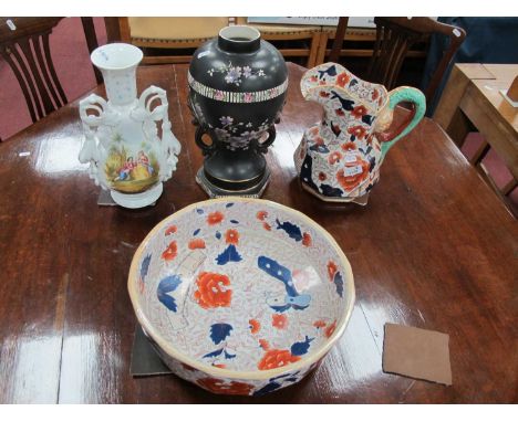 Late XX Century Ironstone Imari Wash Jug and Bowl, porcelain vase featuring Regency garden scene, Edwardian vase.Both jug and