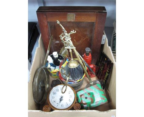 Table Top Display Case, mantle clock, companion set, car jack, children's pails, etc:- one Box.