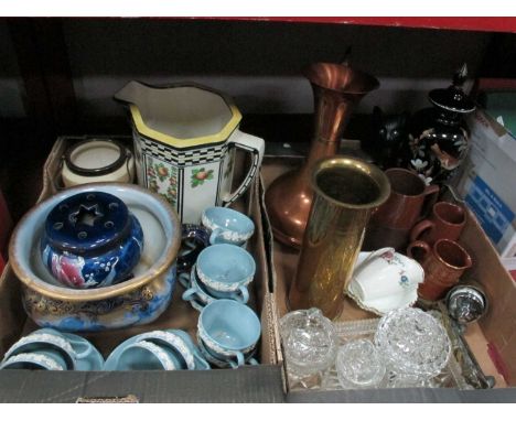 Brass Shell Case, horse door stop, glass trinket set, copper jug, Wedgwood Queens tea ware, Doulton chamber pot and wash jug 