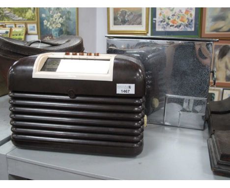 Bush Bakelite Cased Radio, type DAC.10, chrome coal box, 29cm high. (2).