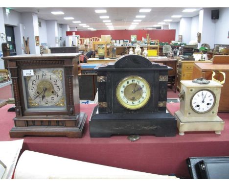 Black Slate Cased Mantle Clock, with 30 hour movement, 3lcm wide, Alabaster mantle clock with lion mask handles (no glass) Ed