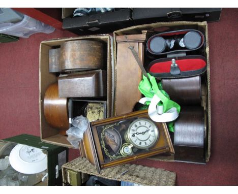 Wall and Mantle Clocks, clock parts, binoculars:- Two Boxes.