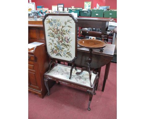 Mahogany Fire Screen and Coffee Table, both with needlework tops. Wine table. (3)