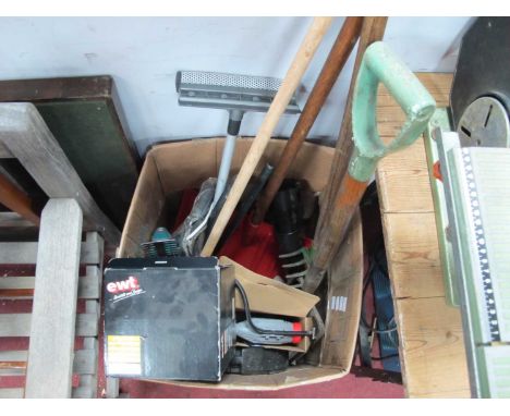 Snow Chains, tyre inflator, garden tools, EWT ceramic heater, etc:- one Box.