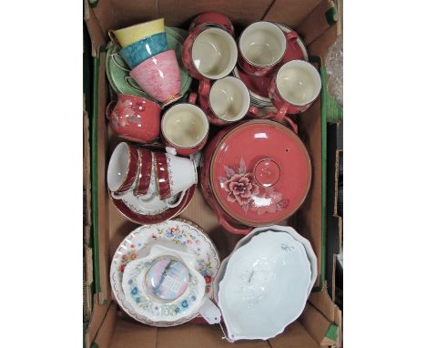 Denby teacups, saucers, milk jug and lidded tureen, Royal Albert Gossamer harlequin trios, six Royal Albert plates, Wedgwood 