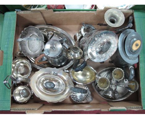 Plated Three Piece Plated Tea Service, egg cruet, and other plated ware:- One Box.
