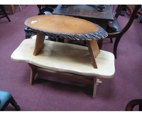Light Wood Bench on Trestle Supports, 93cm wide, and a smaller example with log top. (2).