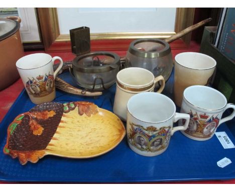 XX Century Smokers Stand, in the form of a three point antler, holding two brass rimmed glass bowls; commemorative mugs, Burl