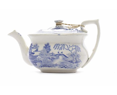 19TH CENTURY ENGLISH BLUE AND WHITE MINIATURE TEAPOTcirca 1840, of rectangular form, blue transfer print onto white earthenwa