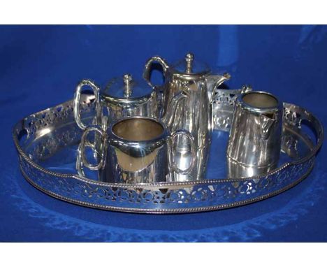 SILVER PLATED HOTEL WARE FOUR PIECE TEA SERVICE ON SERVING TRAY