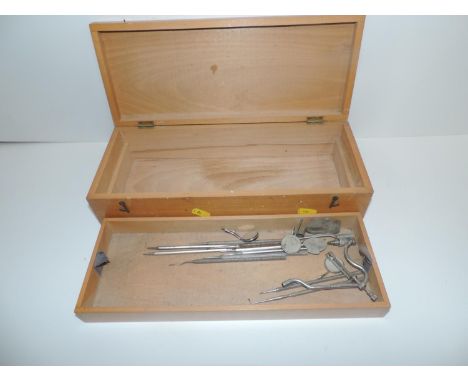 Wooden Box and Contents - Old Dentists Tools 
