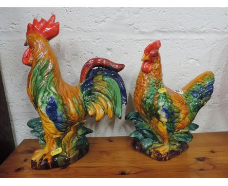 Pair of Brightly Coloured Glazed Ceramic Cockerels 