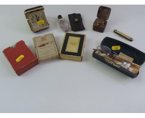 Travel Alarm Clock, Inkwell and Playing Cards etc 