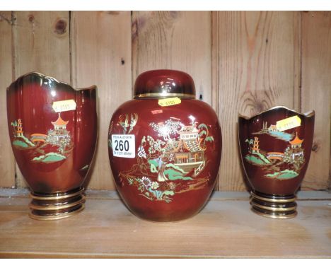 Carltonware Garniture, Ginger Jar and Vases 
