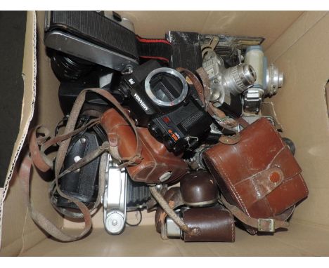 Box of Old Cameras and Camera Parts 