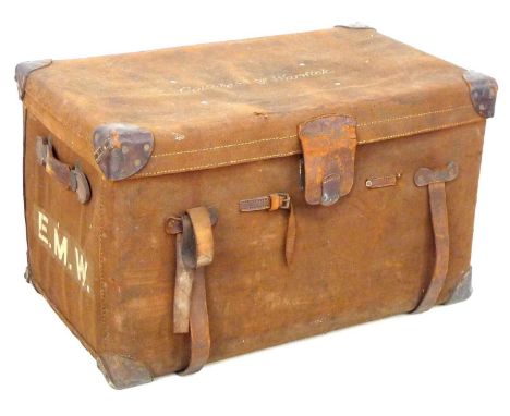 A 19th century travelling trunk, brown canvas covered with leather corners and handles, painted white to top 'Countess of War