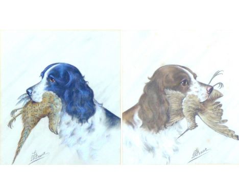 L. W. Fraser (Scottish, 20th century): two portraits of Spaniels in chalk and watercolour, both holding fowl in their mouths 