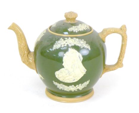 A Copeland late Spode Queen Victoria Diamond Jubilee commemorative teapot, in olive green with applied moulded decoration in 