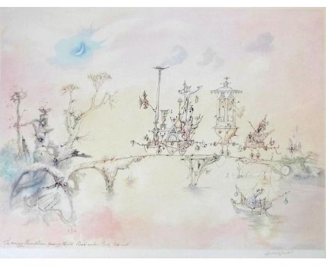 A group of three prints, comprising after Rowland Emett (1906-1990): 'The Evening Shrimp Train passing The Old Cloud Cuckoo C