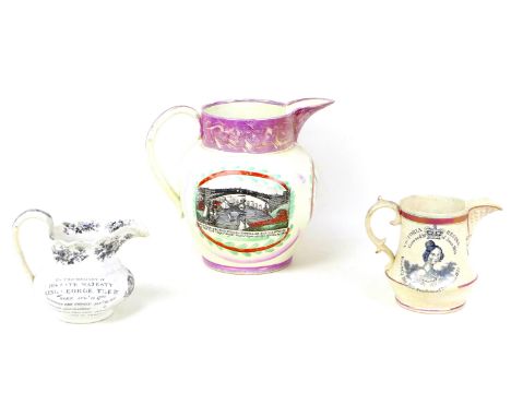 An early 19th century Sunderland pearlware commemorative water jug, of ovoid form jug, with straight neck, large spout, and l