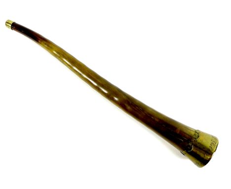 A Georgian animal horn brass mounted hunting horn, the rim engraved 'Hugh Roberts of Glan y Dwr 1745', rim 5.8cm, mouthpiece 