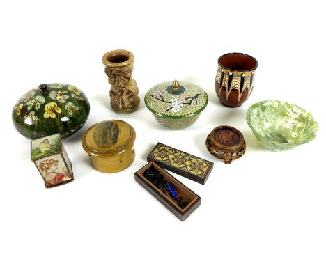 A group of decorative collectables, comprising a circular wooden needlebox, with apetures numbered 40, 50 and 60, with transf