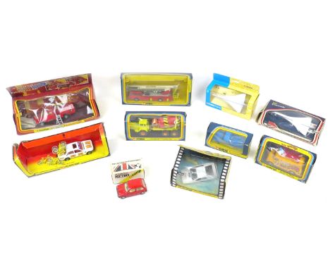 Ten retro Corgi die-cast model vehicles, comprising James Bond Lotus Esprit 269 (with original box but without rockets), a To