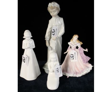 Four assorted china figurines to include; Coalport 'Amen', Royal Doulton 'Images', Royal Worcester 'Rachel' and Nao figure. (