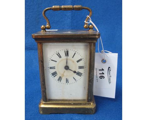 Early 20th Century French gilded brass carriage clock with full depth enamel face. 