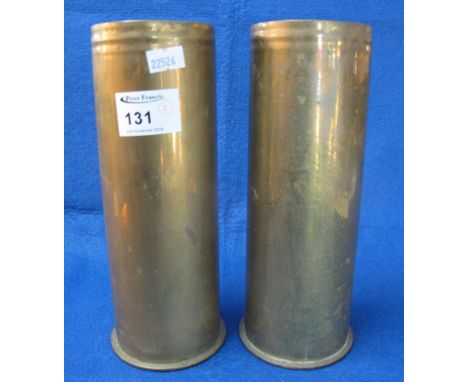 Two similar brass First World War shell cases, both having trench art type engraved decoration featuring mounted cavalry offi