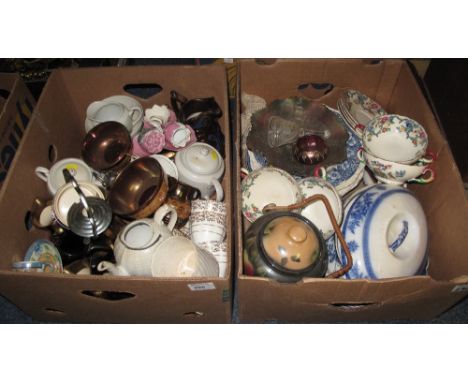 Two boxes of assorted mainly china, to include floral plates, Royal Cauldon Victoria two handled bowls and saucers, copper lu