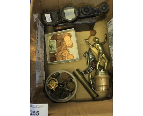 Box of assorted items to include motorcycle and light car club mascot, tennis figure trophy, assorted mixed mainly GB coins, 