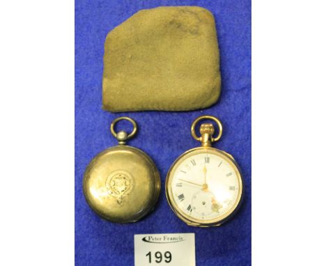 Silver full hunter pocket watch and Dennison gold plated pocket watch. (2)