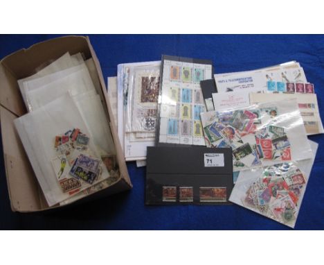 Box with all World selection of stamps in packets, on cards, First Day Covers and loose.