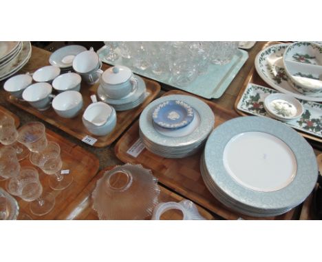 Two trays of Royal Worcester fine bone china 'Serenade' teaware, comprising teacups and saucers, milk jug, sucrier, plates et