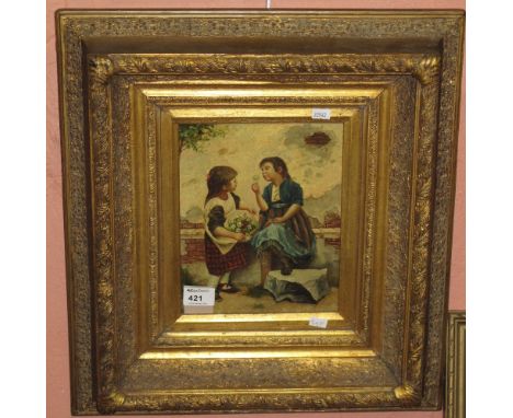 Victorian style portrait study of two little girls with flowers, overpainted print, modern. Framed. 