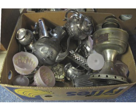 Box of assorted metalware to include plated oil burner, various loose plated cutlery, condiment set on plated stand, tea serv