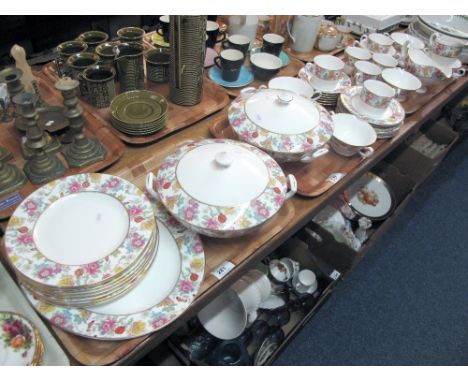 Three trays of Royal Worcester fine bone china 'Chinese garden' tea and dinnerware items, to include lidded casserole dishes,