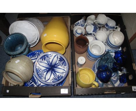 Two trays of assorted mainly china to include: Continental blue and white plates; blue and white teacups and saucers; origina