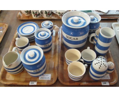 Two trays of T G Green & Co Ltd Cornish Kitchenware items to include; rice, tea, sugar lidded canisters, condiments, jugs, cu