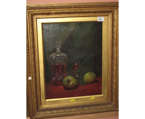 British school in 17th Century style, still life study of fruit and decanter, oils on canvas. Framed.