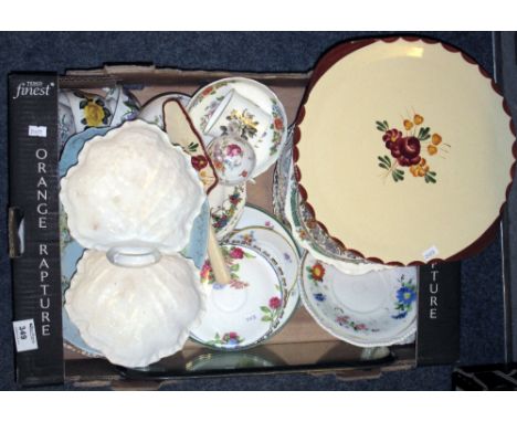 Tray of assorted china to include: Spode Copeland china, two section cabbage design snack tray; various floral plates; cups a