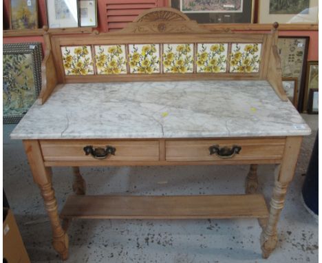 Edwardian pine two tier marble top tile back washstand.