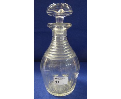 Early 19th Century glass thumb cut, mallet shaped decanter with mushroom shaped stopper.