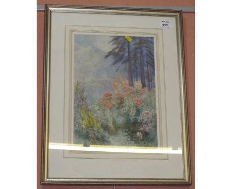 Mary Vernon Morgan (British early 20th Century), flowers on a hillside, signed and dated 1915, watercolours. Framed and glaze