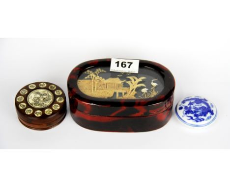 A Chinese wooden Feng Shui compass, Dia. 6.5cm, together with a lacquer box and a porcelain ink box.